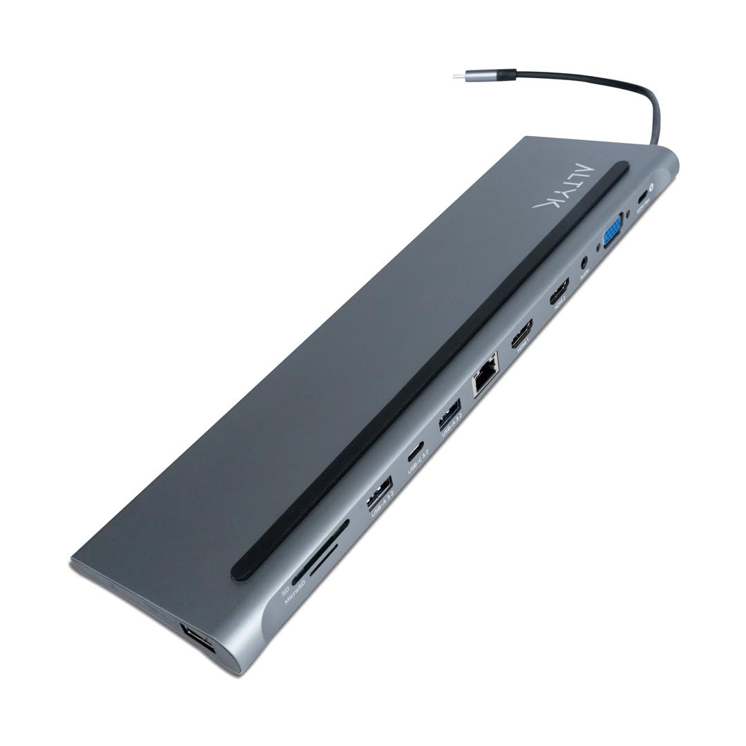 ALTYK Station d'accueil 12-en-1 - Station d'accueil USB-C 2xHDMI/VGA/USB 2.0/3x USB 3.0/Ethernet Gigabit/Audio/microSD/SD/USB-C avec Power Delivery 100W (18 cm)