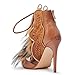 OMLISHZTY Fur Stiletto Heels Sandals for Women Lace up Faux Fur Ankle High Heels with Back Zip Peep Toe Comfortable Sandals Tan