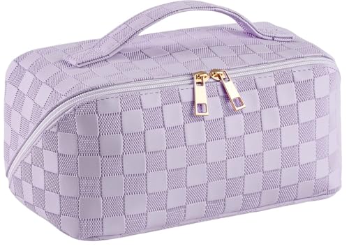 MINGRI Large Capacity Travel Cosmetic Bag for Women,Portable PU Leather Checkered Makeup Bag Water Resistant,Flat Open Multifunctional Storage Toiletry Bag with Divider and Handle (Rhombus-Purple)