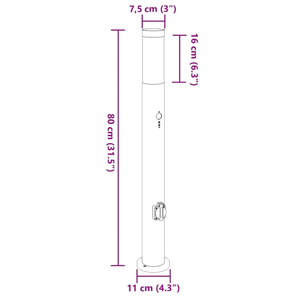 Lampada a colonna con sensore e presa, 80 cm, in acciaio inox, IP44, resistente alle intemperie, sensore di movimento, moderna illuminazione da giardino, lampada da terra per terrazze e