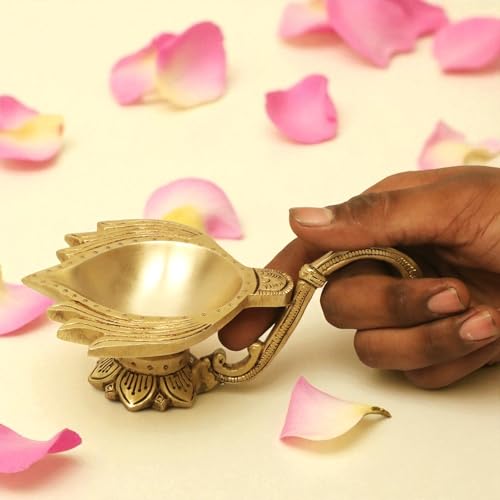 Image of SHANTI 100% Pure Brass Lotus Shape Akahnd Diya /Oil Lamp /Kamal Patta Deepak /Diya for Puja Room (LP3421)