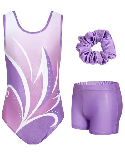 JiAmy Gymnastics Leotards for Girls, 3Pcs Sleeveless Athletic Outfit Sparkly Dance Unitards with Shorts Ballet Biketards 11-12 Years