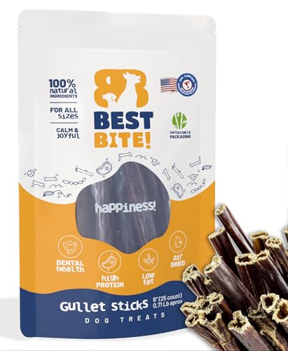 Best Bite! 6 Gullet Sticks for Dogs (25-Pack) All Natural Beef Esophagus Chews High Protein Low Fat Support Joint Health Premium Dog Treats Responsibly Sourced Gullet Bully Sticks