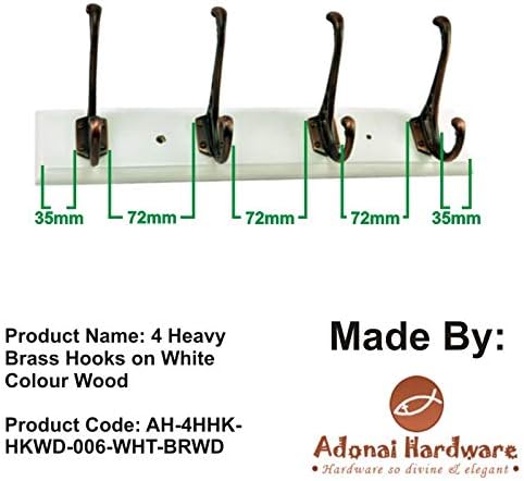 Adonai Hardware 4 Heavy Brass Hooks on White Colour Wood (Antique Copper)