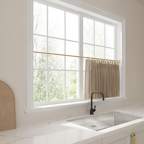 Image of TWOPAGES 26 inch inch W x 45 inch inch L Linen Blend Cafe Curtains for Kitchen Window, Light Filtering Pinch Pleated Tier Curtains, Modern Farmhouse Half Window Curtains for Small Window, Tapioca, 2 Panels