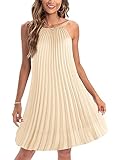 Ellames Women's 2025 Summer Spaghetti Strap Pleated Casual Swing Dress with Belt Champagne Medium