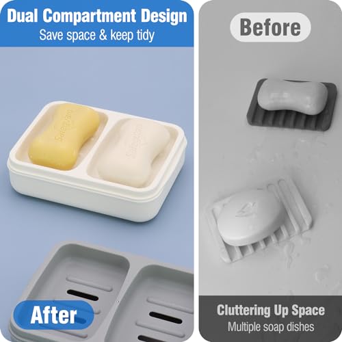 Dual Compartment Soap Dish, Double Bar Soap Holder, Solid Shampoo Bar Holder with Drainage Layer, Soap Tray for Bathroom, Shower, Bathtub (1pc, White)