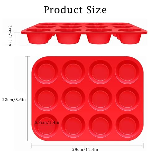 Large Muffin Tray 12 Cup, Silicone Muffin Pan, 2pcs Non-Stick Muffin Cupcake Tin, Baking Mould for Muffins or Cupcakes, Dishwasher Safe, Reusable Baking Moulds Tins-30 x 22 x 3cm (Red) - Image 3