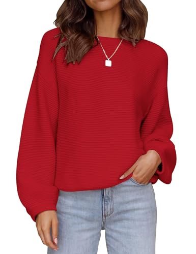 ZESICA Women's Crew Neck Long Lantern Sleeve Fall 2026 Casual Loose Ribbed Knit Solid Soft Pullover Sweater Tops,Red,Medium