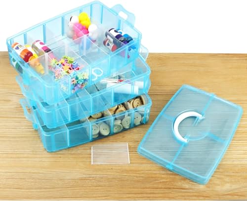 Image of RECLUSE BLUE Craft Storage Box with 3 Tiers - Storage Box with 30 Adjustable Dividers Compartments Stackable Plastic Container for Arts & Sewing Accessories, Wire, Beads, Jewellery, Toys