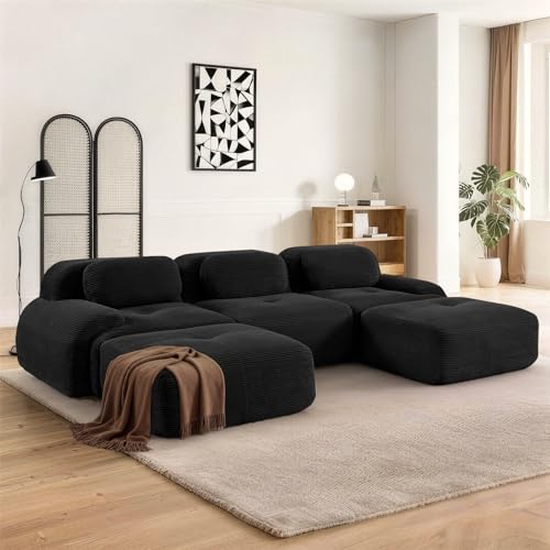 SoarFlash Canapé Moderne modulable, Tissu côtelé, Assise Profonde + accoudoirs Larges, sans Assemblage, 3 Places + 2 Repose-Pied, Noir
