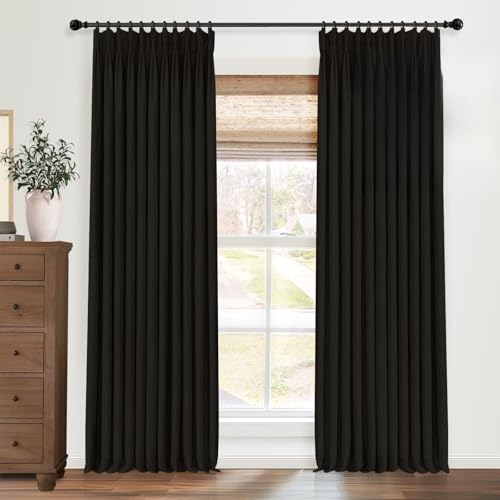 Pinch Pleated Blackout Curtains 100 Inches Long, Linen Blend, 100% Blackout Drapes with 20 Hooks, Ideal for Bedroom and Living Room, 40" W x 100" L (Pack of 2), Black