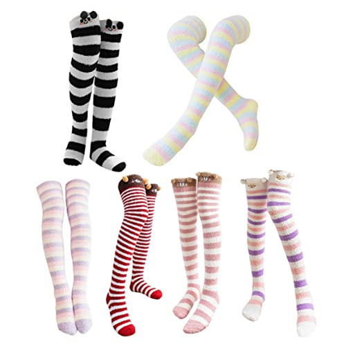 Thigh High Fuzzy Socks Over Knee Cute Cartoon Stripes Soft Coral Fleece Stocking 1Pair Style3 thigh high stockings for girls4