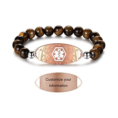 JF.JEWELRY Medical Alert Bracelets for Women Men | Personalized Custom Medical ID Bracelet Beaded Link Medical Bracelet - Tiger Eye Stone Wristband Cover