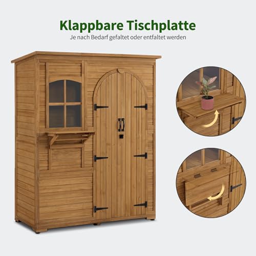 M MCombo Gartenschrank Geräteschuppen Holz Wetterfest, Gartenhaus Outdoor Wasserdicht Begehbar für Außenbereich Balkon Terrasse, Aufbewahrungsschrank mit 3 Regale 73×144×185 cm (Natur)