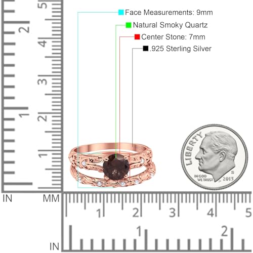 OMRANII Two Piece Round Natural Chocolate Smoky Quartz Filigree Vintage Style CZ Wedding Set Bridal Engagement Ring 925 Sterling Silver Gifts For Her4