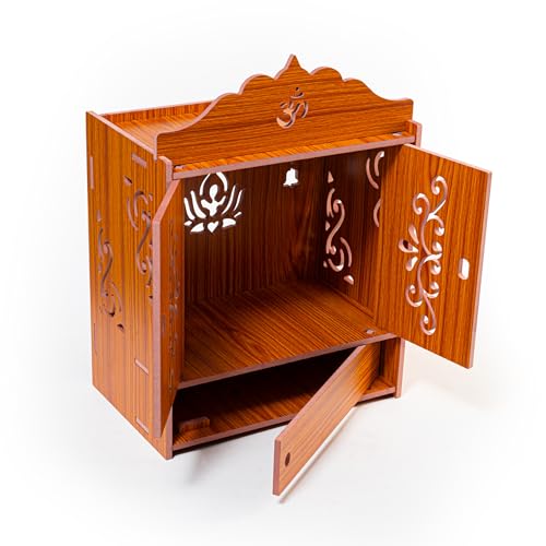 Tarini Gallery Wooden Wall Mounted Hanging Table top Temple Pooja Mandir God Stand Shelf for Storage and Idols Decoration for Home Office and Gifting (Design-1)