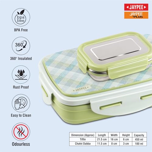 Image of JAYPEE Ecosteel Sr. Inner Stainless Steel Insulated Lunch Box for School Kids |Airtight Leakproof Tiffin Box for Kids |Food Grade|BPA Free, 550 ml, Green