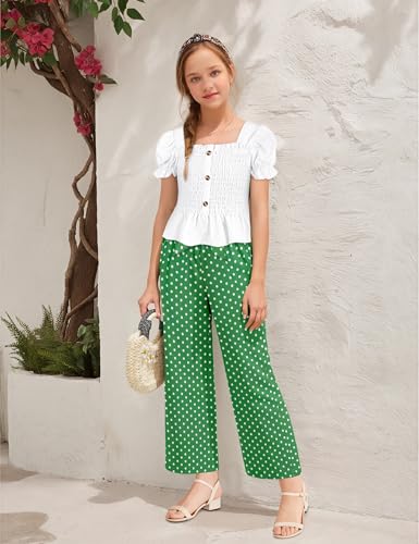 Image of Girls Clothes Solid Color Square Collar Stretch Top and Wide Leg Pants Clothes for Teen Girls 6-14Y
