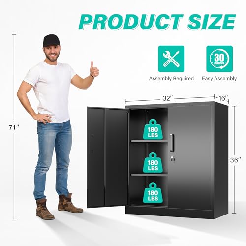 Image of SISESOL 36 inch Metal Storage Cabinet with Doors and Shelves,Small Garage Storage Cabinet with Lock,Black Metal Cabinets with Locking Doors for Home,Office,Short Garage Cabinets