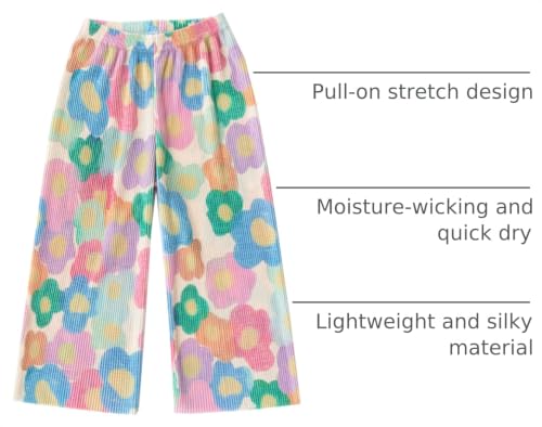 Image of Kiench Girls Wide Leg Palazzo Pants Pleated Silky Flowy Trousers Cute Print