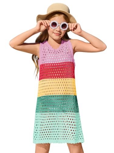 Haloumoning Girls Color Block Crochet Knit Swim Cover up Kids Summer Sleeveless Beach Dress 5-14 Years