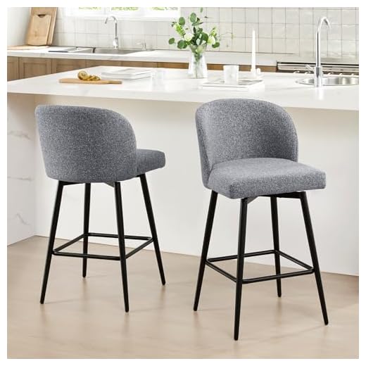 Watson & Whitely Counter Height Bar Stools Set of 2, 360° Swivel Upholstered Barstools with Backs and Metal Legs, 26" H Seat Height, Fabric in Grey (Multi-Colored)