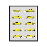 Custom Car Posters Handmade Poster compatible with Bugatti (Side Profile) Print Wall Art Decor of the Best of Bugatti Generations History - Yellow 16x20" Metallic Print (Unframed)