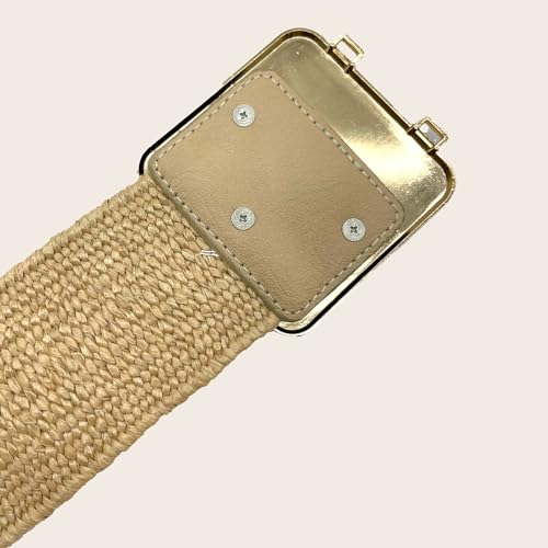 Raffia Stretchy Belt for Women, Symmetrical Buckle Straw Wide Woven Belt for Dress, Summer Elastic Waistband3