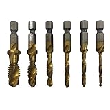 Nizzco 6Pcs Titanium Combination Drill and Tap Set,Metric Thread HSS M3-M10 Screw Tapping bit Tool 1/4 Hex Shank