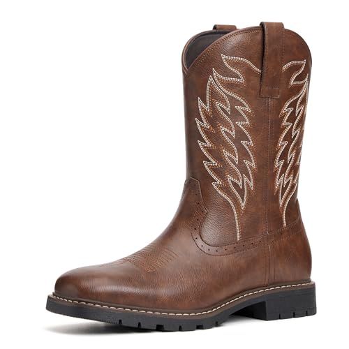 Image of Julyrose Men's Cowboy Boots - Western Boots Square Toe,Slip Resistant,Retro Embroidered Design,Slip on Chunky Heel Country Boot
