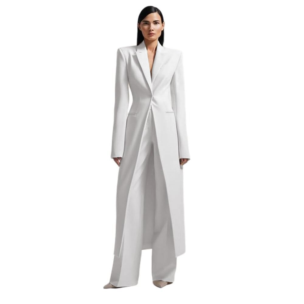 Photo 1 of HZUOU Women's 2 Piece Long Blazer with Pants Set Solid Elegant White Suit Set for Casual Business Office Size M