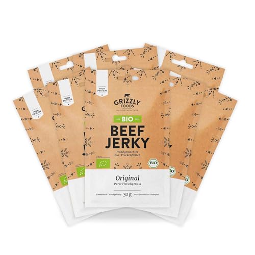 Grizzly Foods • BIO Beef Jerky Original (8 x 30g) • Bio-Trockenfleisch ohne Zucker und Zusätze • High Protein Snack • Ideal für Unterwegs, Büro, Sport