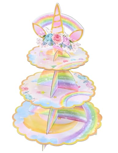 WERNNSAI Unicorn Cupcake Stand - 3-Tier Magical Birthday Decorations for Girls, Cardboard Dessert Holder for Parties and Baby Showers
