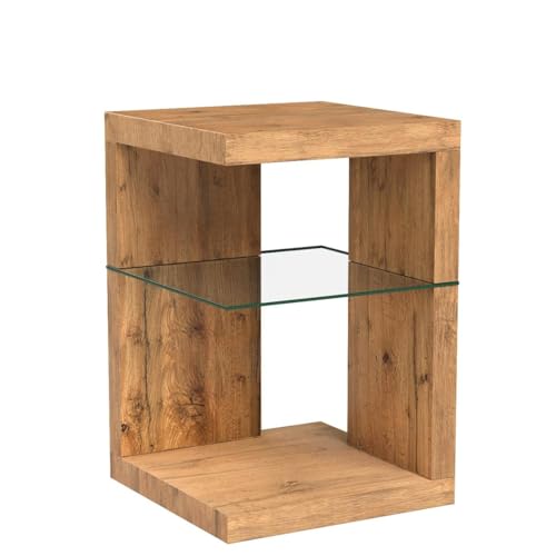 M2 Kollektion Domingo Beistelltisch/Nachttisch I Modernes Design I MDF mit Wildeiche-Dekor I Zusätzlicher Stauraum I Sicherheitsglas, 40x40x60 cm I Vielseitig einsetzbar