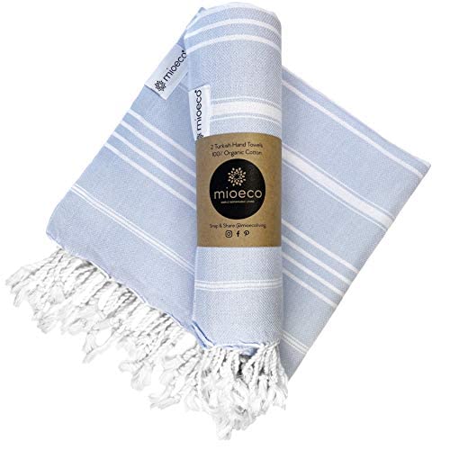 mioeco Organic Cotton Turkish Hand Towel - 20" x 38" Large Classic Luxury Set of 2 - Decorative Hand Towels for Bathroom, Kitchen & Home - Super Absorbent & Quick Drying - Prewashed