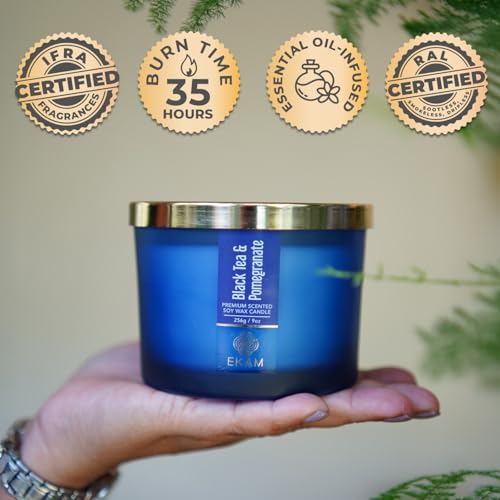 Image of EKAM 3 Wick Soy Wax Scented Candle | Black Tea & Pomegranate Fragrance | 35 Hr Burn | Long Lasting Premium Jar Candle for Home Decor, Relaxation & Gifting