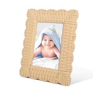 Yakucho Baby Picture Frame, Woven Rattan Picture Frame Newborn Gifts, Handmade Scalloped Acrylic Picture Frame, Baby Shower Gifts, Newborn Rattan Decor Photo Frame, Baby Baptism, Gender Reveal（4 X 6）