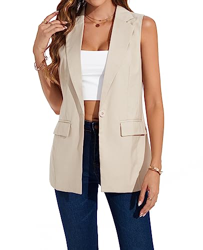 LADI TREND Chaleco Mujer Blazer Largo Sin Mangas Chalecos de Oficina Totalmente Forrado Un Botón Chaqueta Superior Chaleco, beige, L