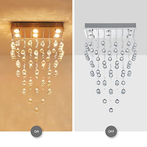 Wuzups Crystal Raindrop Rectangular Chandelier 6-Light Flushmount Ceiling Light Modern Lighting Fixture For Bedroom Hallway Bar Kitchen Island Dining Room Entry Bathroom, Gu10 Base, Chrome #TOP3