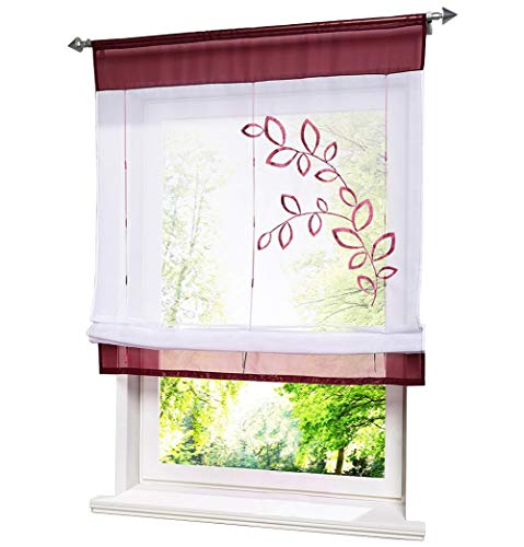 1er-Pack Tunnelzug Raffrollo mit Blatt Bestickt Rollos Voile Transparent Vorhang (BxH 80x120cm, Beere)