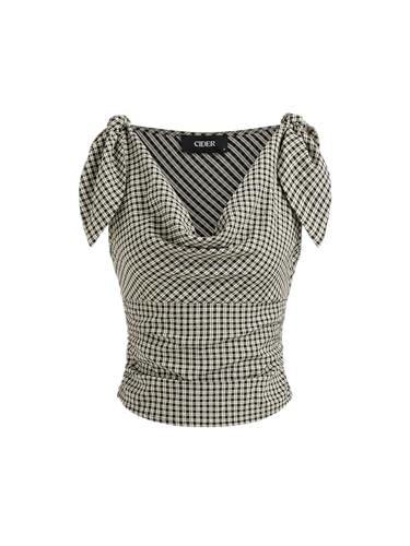 CIDER Plaid Tank Top Cowl Neck Knotted Sleeveless Cami Top Checks Cotton Blend Women's Shirt Blouse Casual