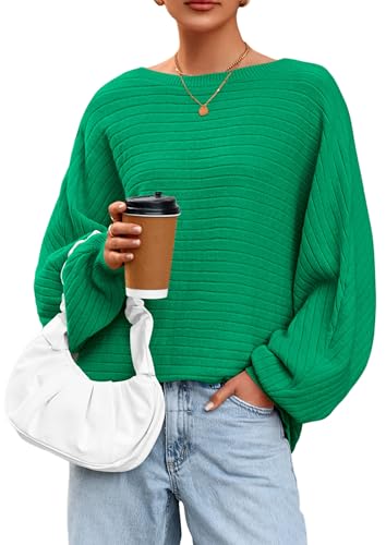 PRETTYGARDEN Fall Sweaters for Women 2025 Oversized Boat Neck Pullover Long Sleeve Knit Tops Cozy Winter Fashion Clothing (Green,Medium)