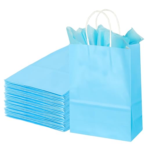 Image of BLEWINDZ 32Pcs Small Paper Gift Bags with Tissues, Light Blue Party Favor Bags with Handles, 8.7 inch Goodie Bag for Birthday, Shopping, Party Supplies