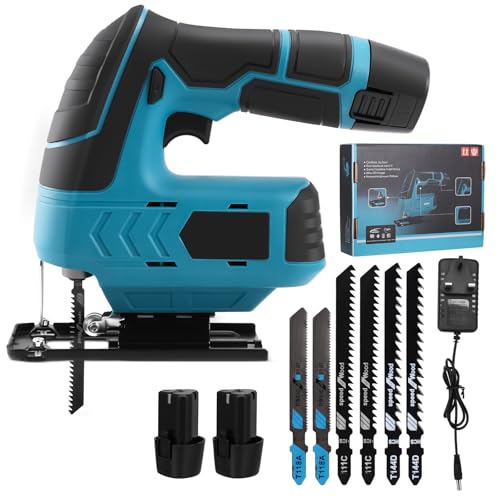 Cordless Jigsaw 45Bevel Cutting Angle 3 Orbital Setting Stepless Speed Change Tool-Less Blade Change for Metal Cutting Electric Jigsaw Tool Include 2 Batteries 1.3Ah 12V Fast Charger 6 Blades
