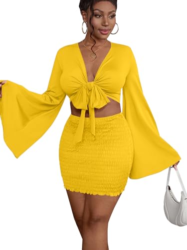 Image of LYANER Women 2 Piece Vacation Outfits Tie Knot Front Bell Long Sleeve Crop Top and Mini Skirt Summer Set