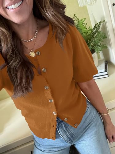 Image of Saodimallsu Womens Puff Short Sleeve Cardigan Lightweight Summer Button Down Shirts Knit Crew Neck Sweater Tops