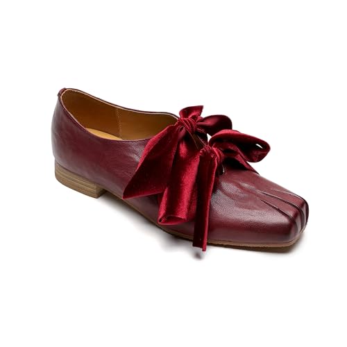 Flat Shoes for Women Square Closed Toe Lace Up with Double Bows Chunky Heel Comfortable Fashion Casuals Shoes