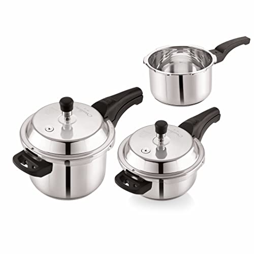 Image of Neelam Stainless Steel Ultra Pressure Cooker Combo Set -2 Litres, 3 Litres & 5 Litres, Outer Lid (Induction Friendly)