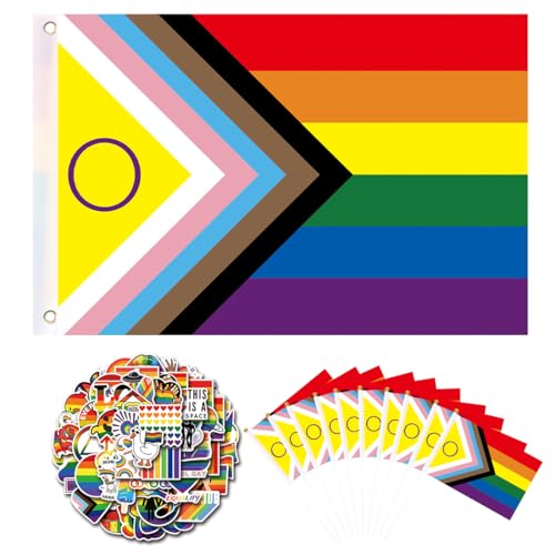 Progress Pride Flag Regenbogen Flagge groß(150x90 cm)+57 Stück LGBTQ Sticker+10 Stück Kleine Regenbogenflagge Pride flag mit 2 Messingösen für LGBTQ Aktivitäten